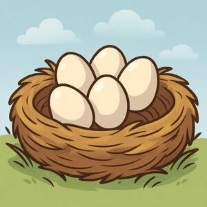 Cartoon goose nest with eggs, illustrating mating and offspring for collective nouns of geese.