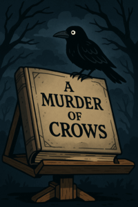 Cartoon illustration of a crow perched on an old book titled “A Murder of Crows” on a wooden stand, with spooky trees in the background.