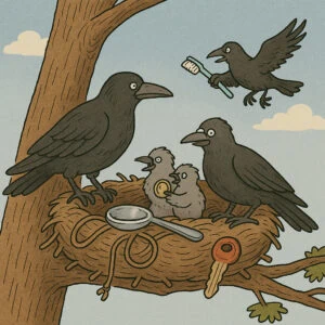 Cartoon of a messy crow nest high in a tree, woven with human junk like a spoon, shoelace, soda can tab, and car keys, with proud crows perched beside it.
