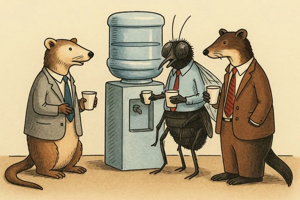 A ferret, a fly, and a polecat wearing business attire stand around a watercooler chatting like office workers. A humorous take on the phrase “a business of ferrets.”