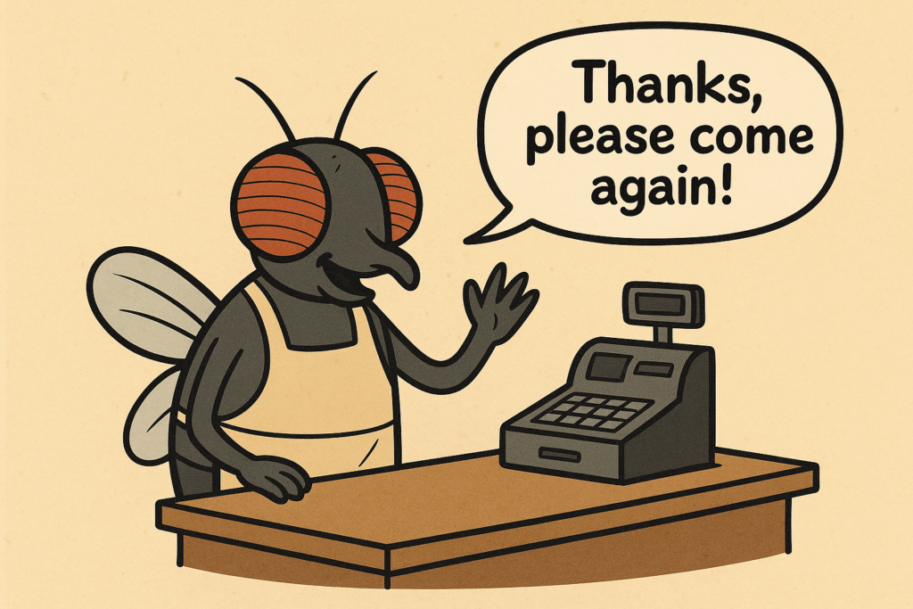 A large cartoon fly wearing a store apron, standing at a cash register and waving with a speech bubble saying, "Thanks, please come again!"