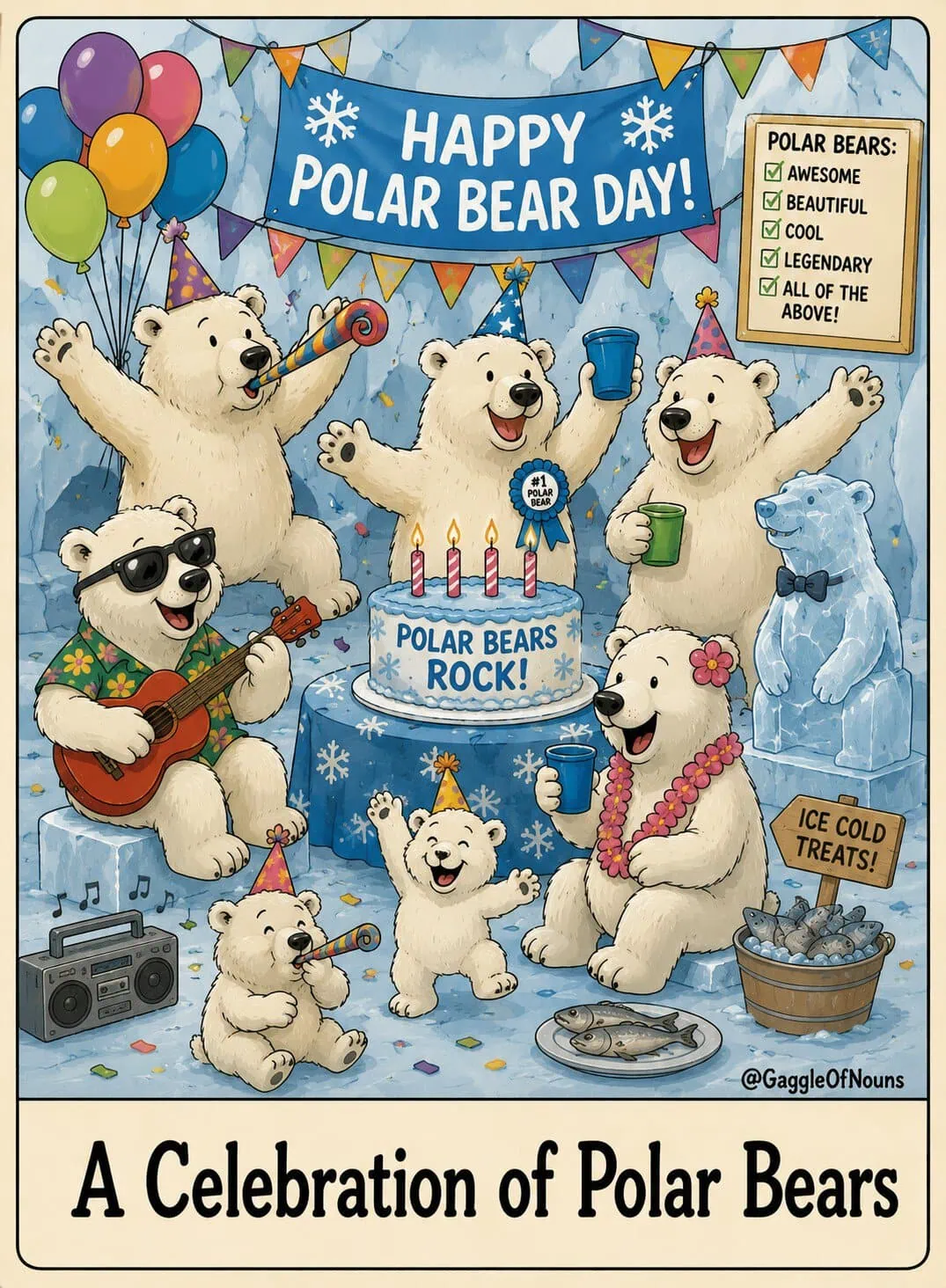 Cartoon polar bears having a party to illustrate a celebration of polar bears.