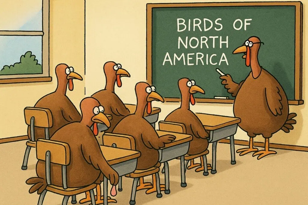 Cartoon classroom of turkey students with a turkey teacher at the chalkboard; one mischievous turkey sticks gum under the desk.