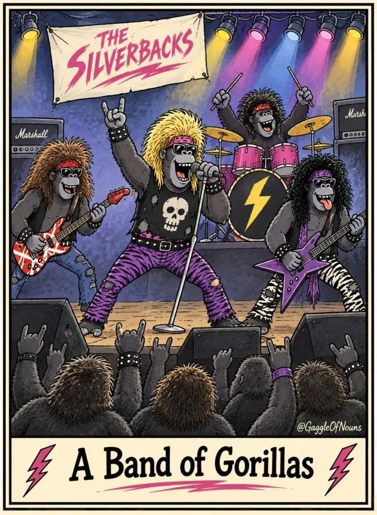 A band of gorillas dressed as an outrageous 1980s rock band performing on stage.”
