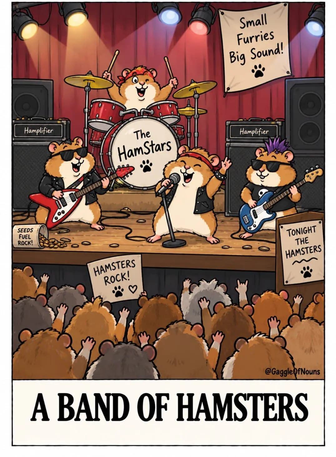 A Band of Hamsters cartoon showing a hamster rock band performing on stage for a cheering crowd of hamster fans.