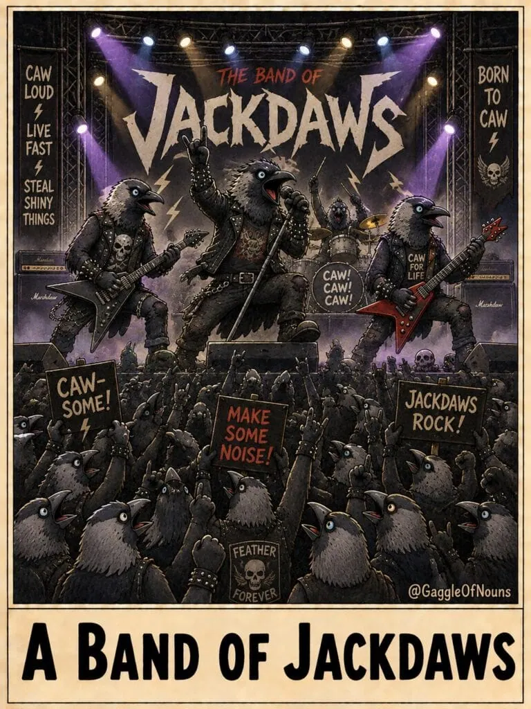 A band of jackdaws cartoon showing a heavy metal jackdaw band performing on stage in front of thousands of cheering bird fans.