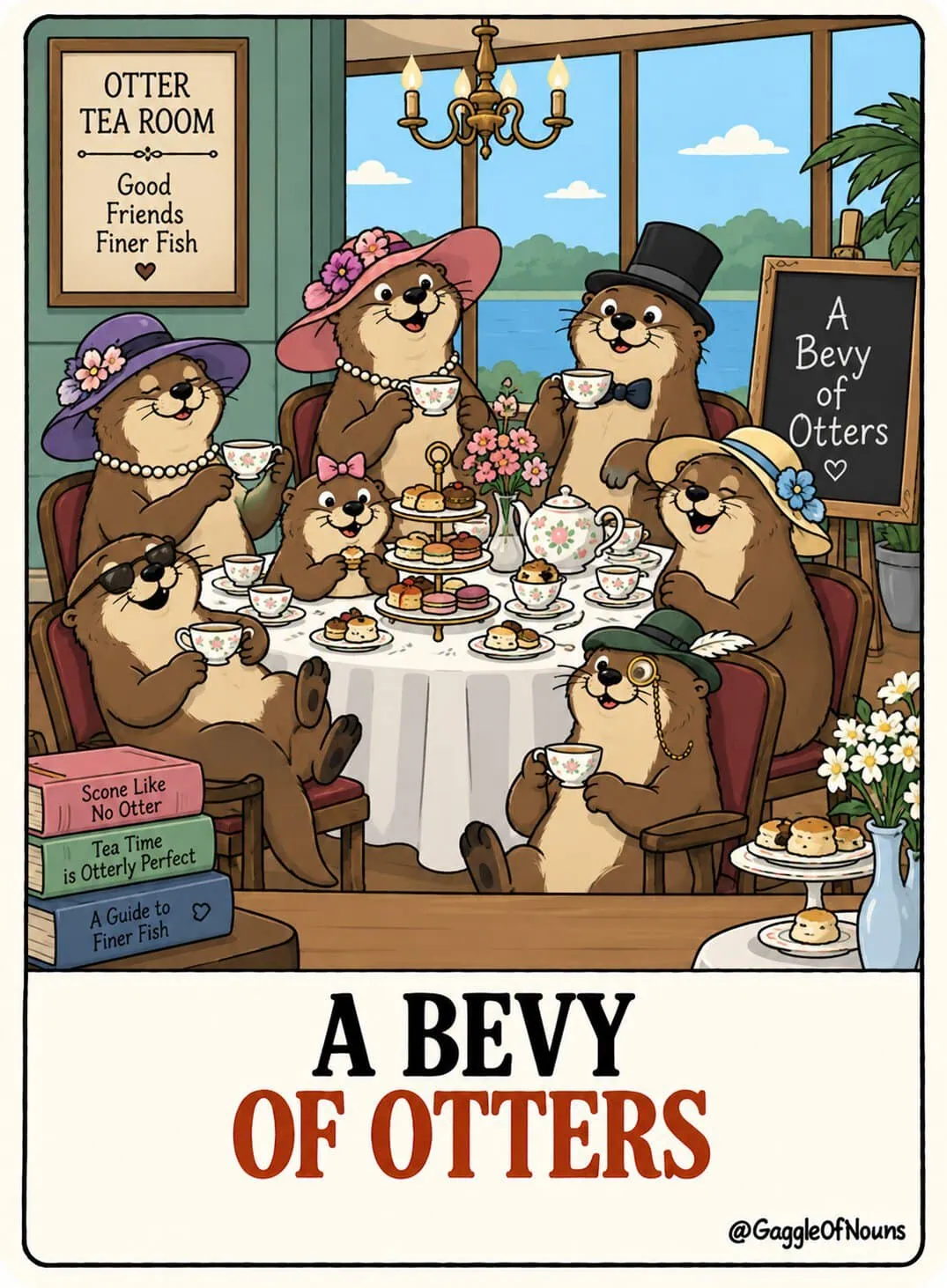 A cartoon bevy of otters dressed elegantly and enjoying a sophisticated afternoon tea with teacups, cakes and pastries.