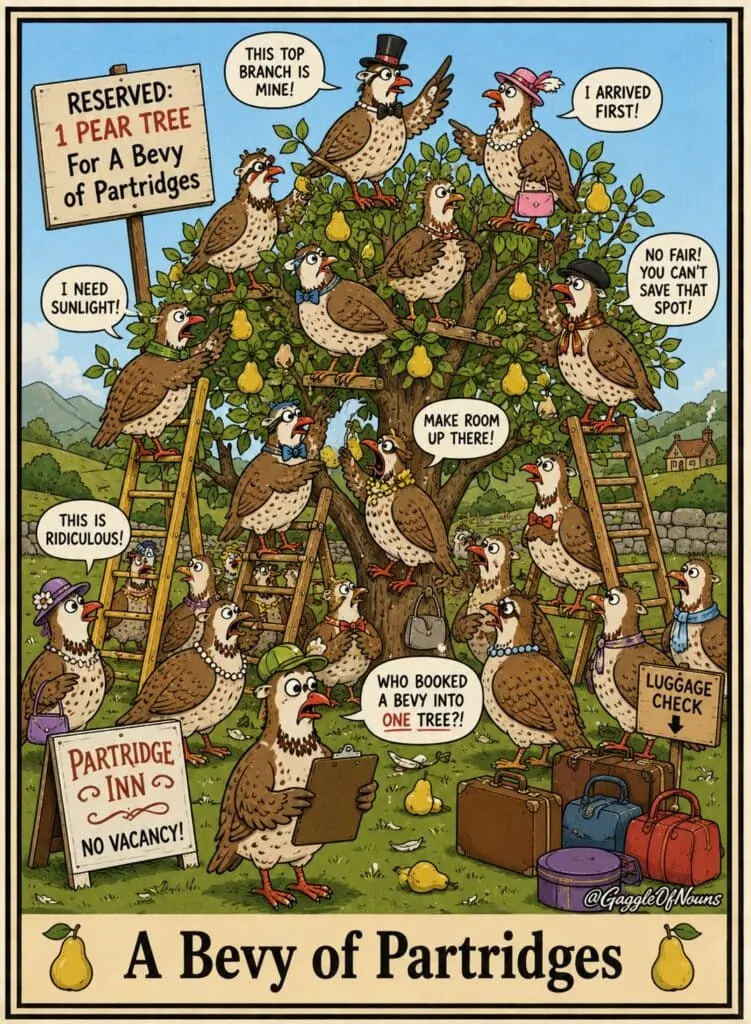 A bevy of partridges arguing over space in a single crowded pear tree.”