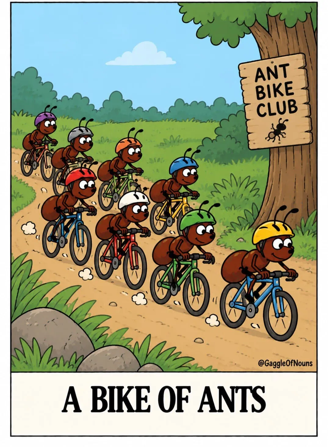 A Bike of Ants cartoon showing a group of helmeted ants riding bicycles together along a winding countryside trail.