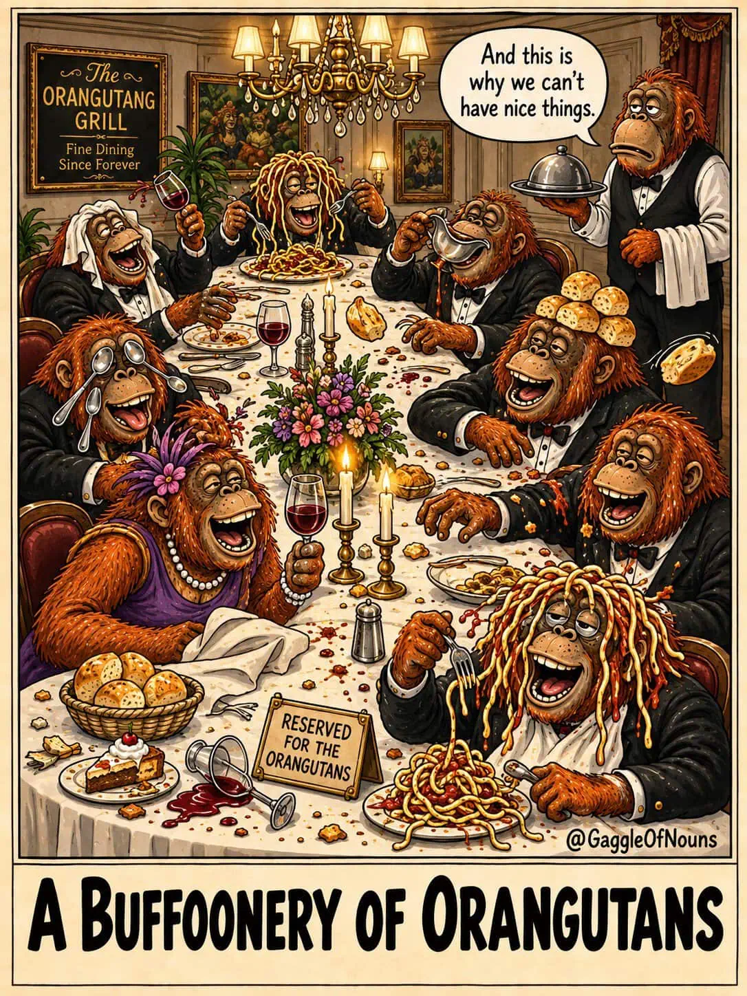 A buffoonery of orangutans cartoon showing formally dressed orangutans causing chaos at a fancy dinner party.