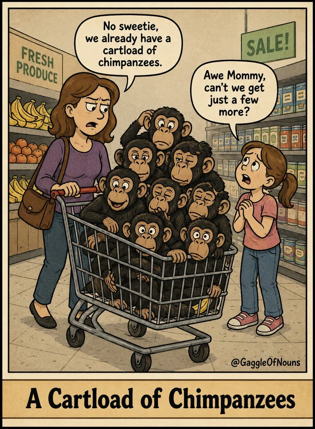 Cart full of chimpanzees in a grocery store illustrating a cartload of chimpanzees.