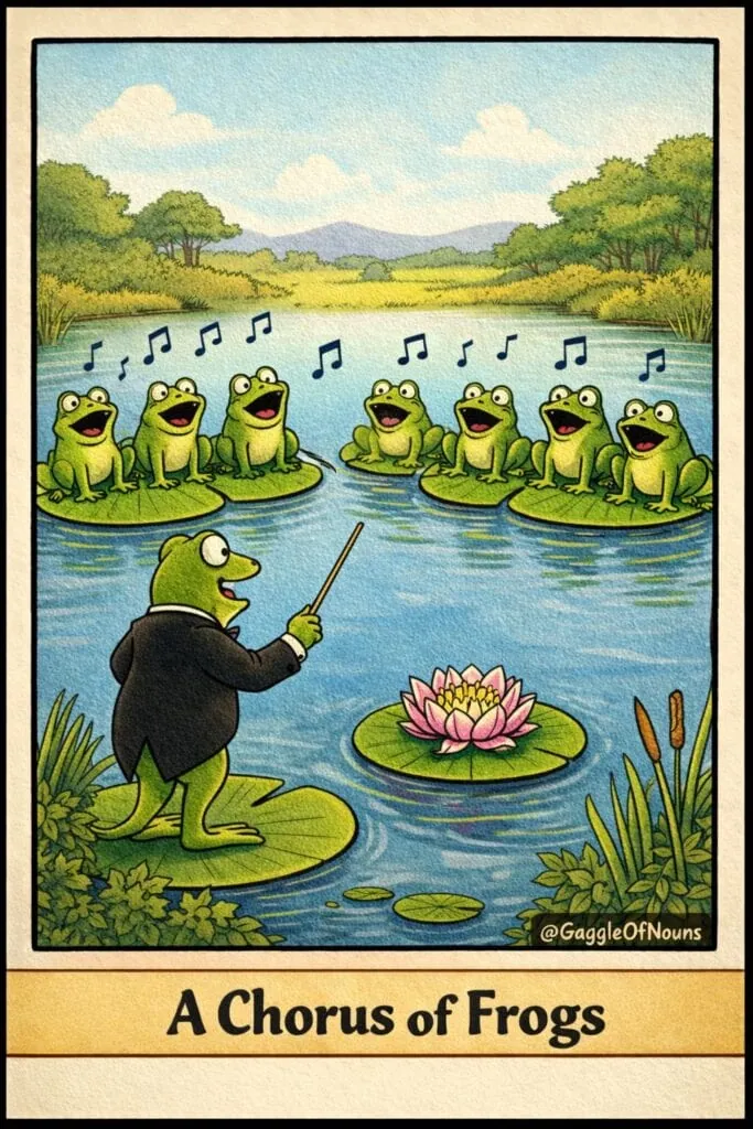 A chorus of frogs singing on lily pads while a frog conductor leads them