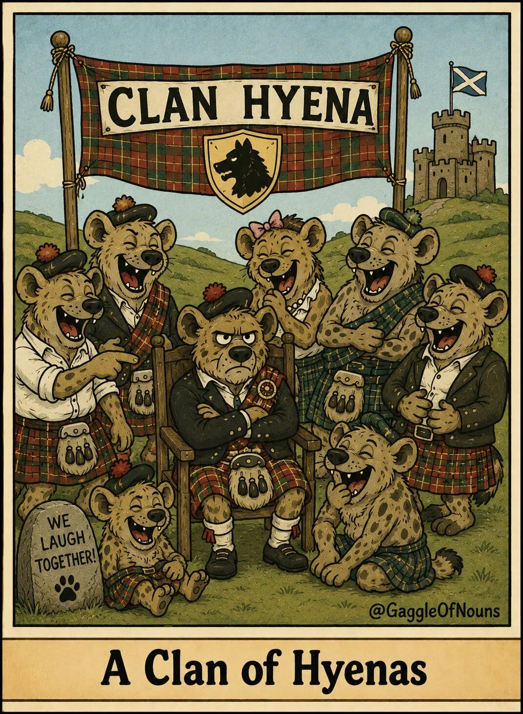 A clan of laughing hyenas dressed in Scottish kilts posing together in the Highlands.