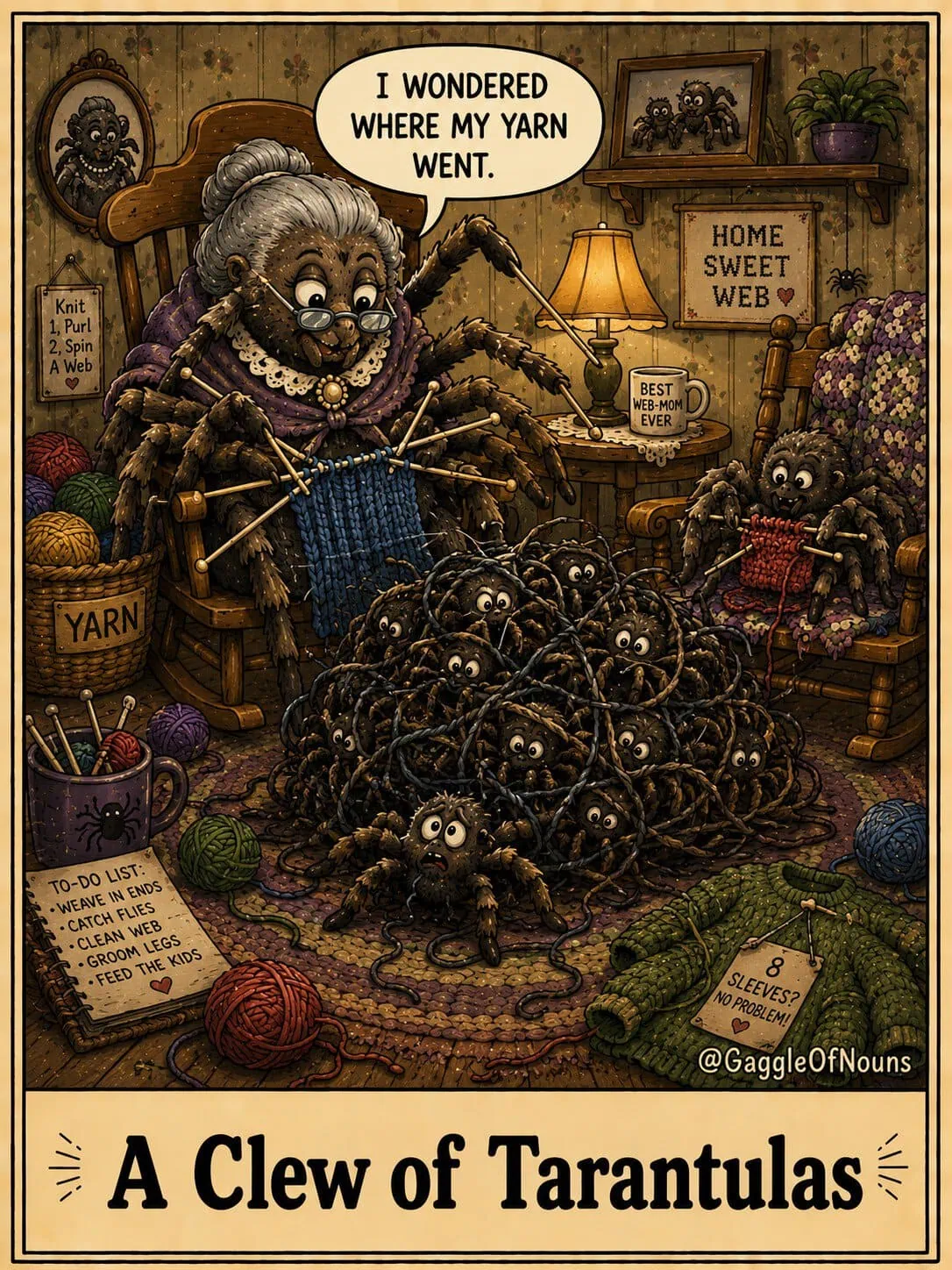 A grandmother tarantula knitting beside a tangled ball of yarn filled with young tarantulas.
