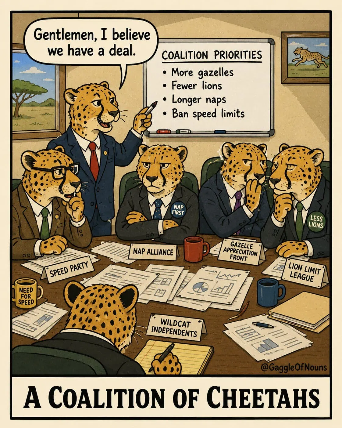 A coalition of cheetahs dressed as politicians negotiating their priorities around a conference table.