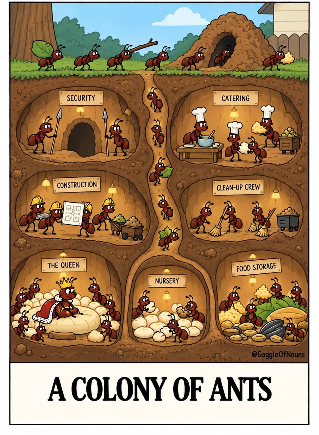 A Colony of Ants cartoon showing a cutaway underground ant colony with rooms for the queen, nursery, food storage, construction, security, catering, and clean-up crews.