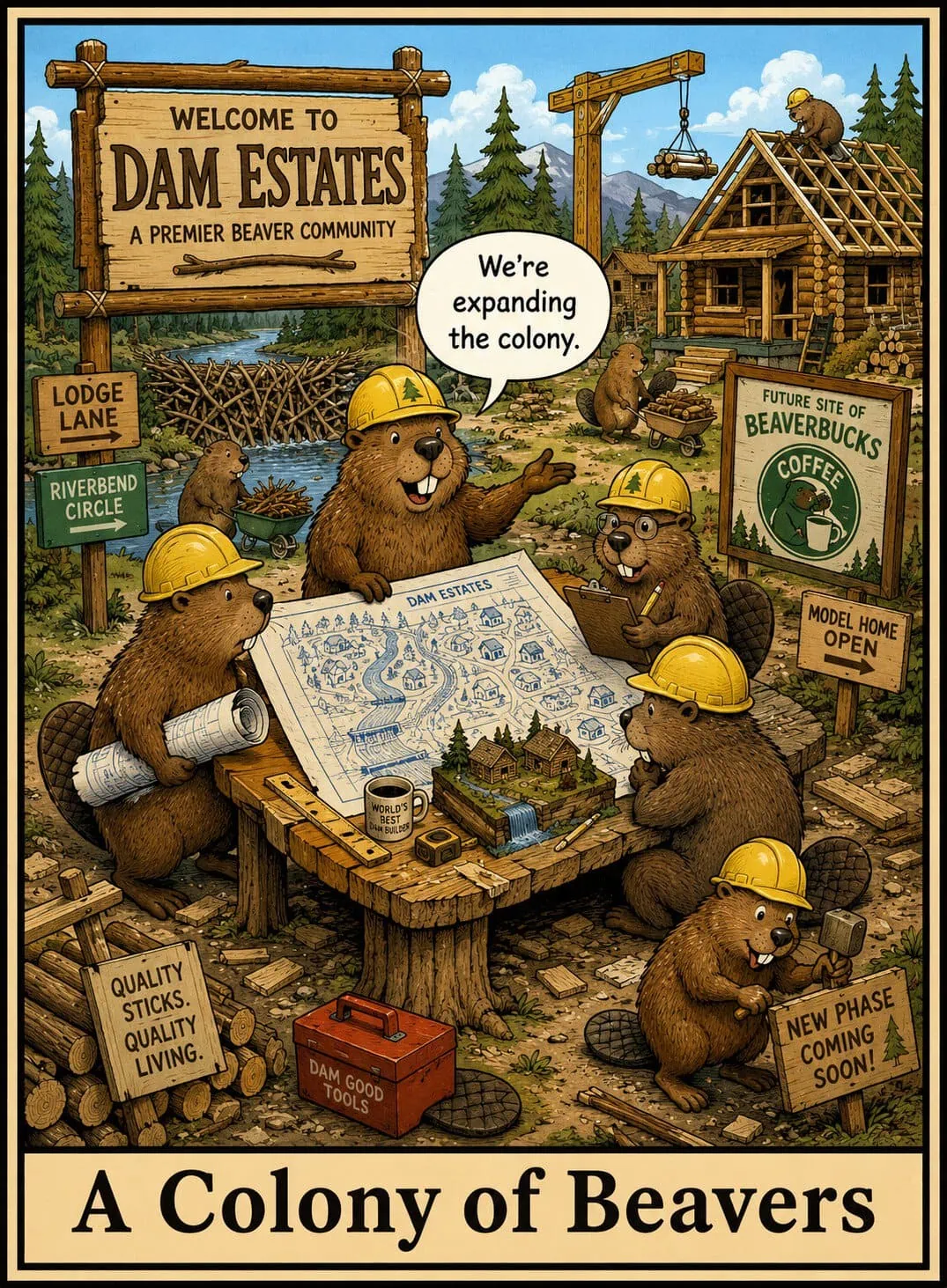 A colony of beavers wearing construction hard hats planning the expansion of Dam Estates.