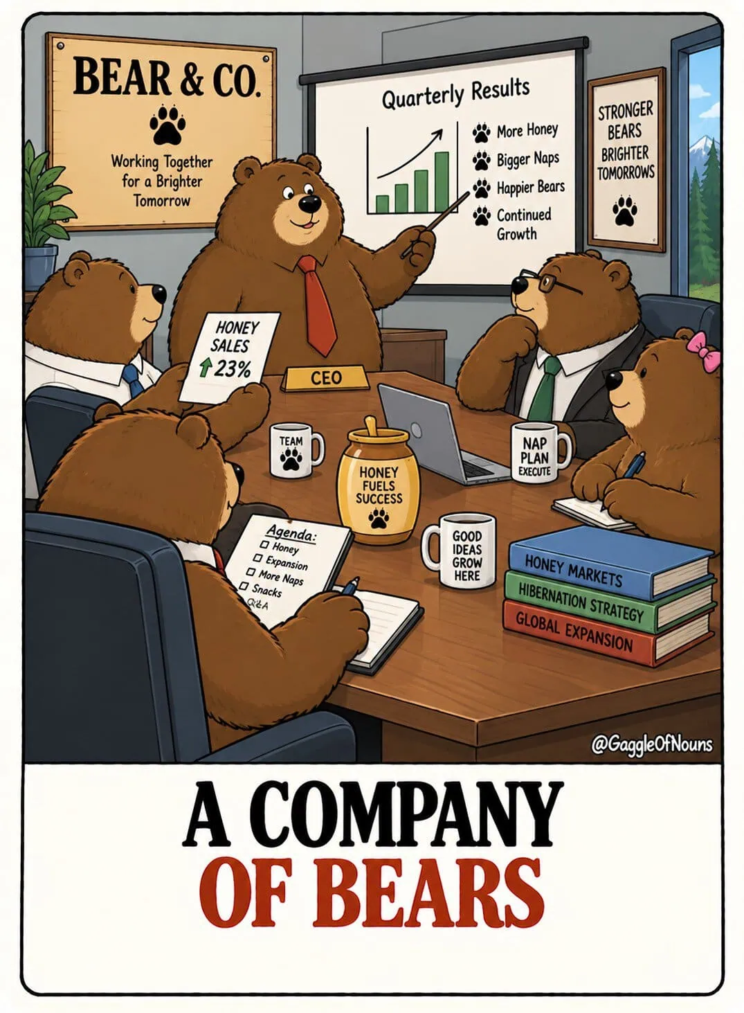 A cartoon company of bears holding a corporate boardroom meeting while the bear CEO presents rising honey sales and company growth.
