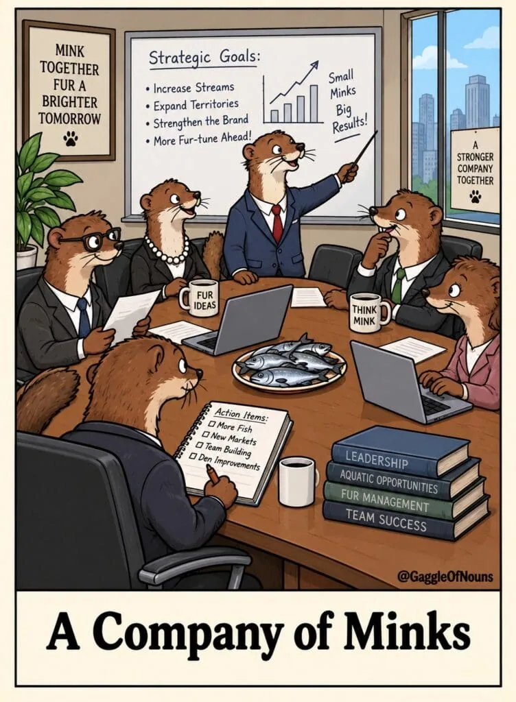 Cartoon of a company of minks dressed as business executives holding a corporate meeting around a conference table.