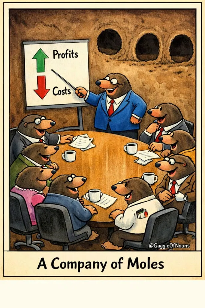 Cartoon illustration of business moles in suits holding a boardroom meeting underground, with a presentation showing profits up and costs down, titled “A Company of Moles.”