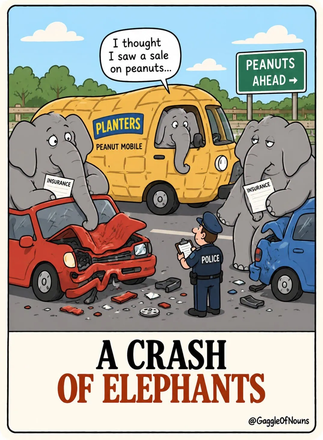 A cartoon crash of elephants involved in a traffic accident, including an elephant driving a giant peanut-shaped vehicle while a police officer investigates.