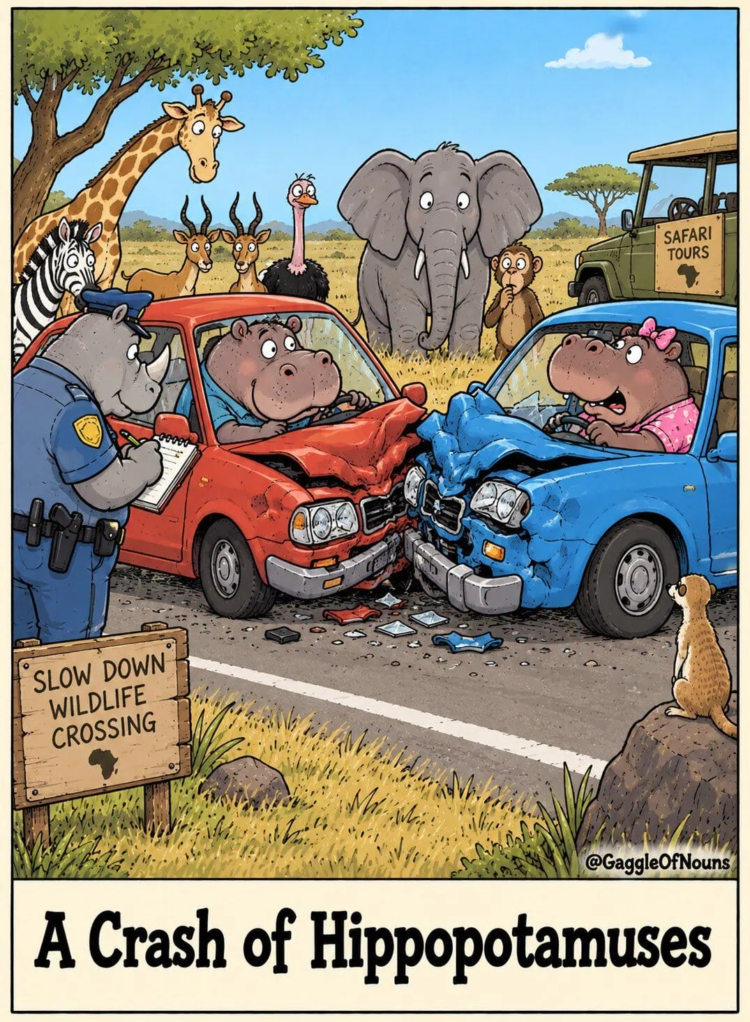 Two hippopotamus drivers after a car crash while a rhinoceros police officer takes notes and safari animals watch.