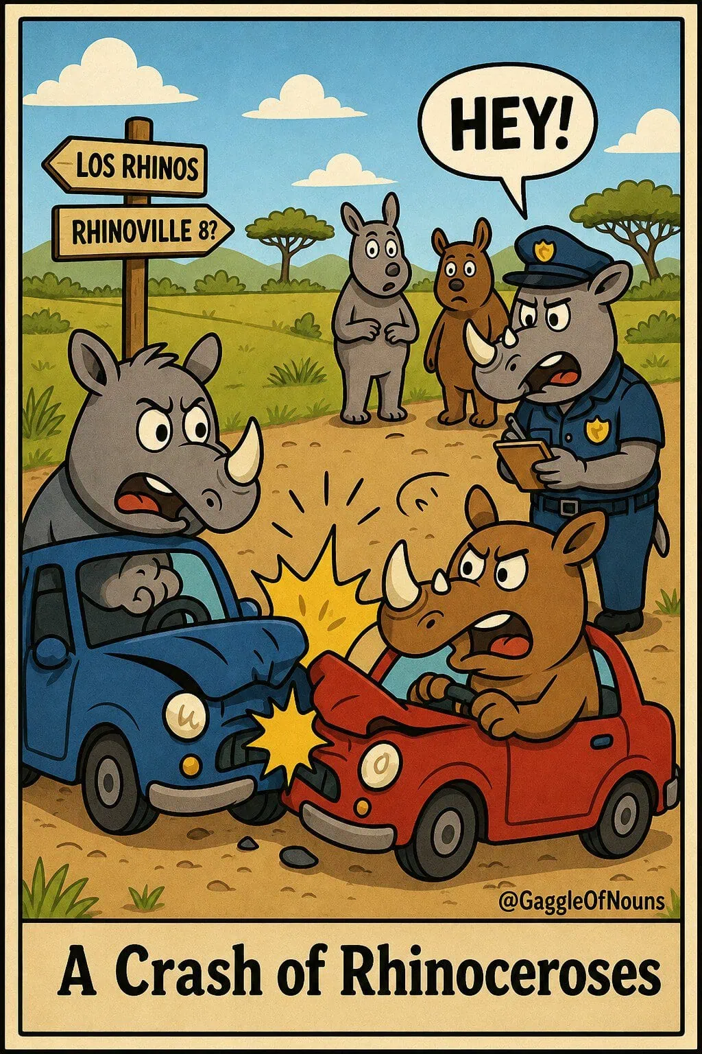 Two rhinoceroses crash cars into each other while a rhino police officer investigates the accident.