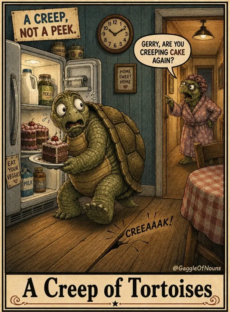 A tortoise nervously sneaking cake from the refrigerator as his wife catches him creeping.