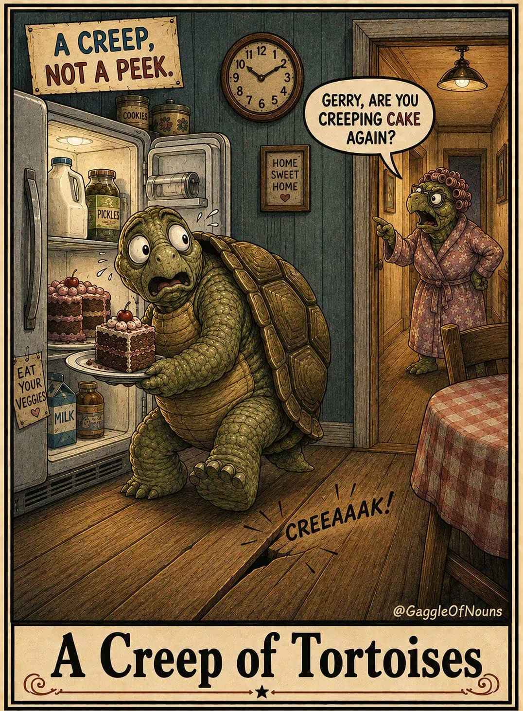 A tortoise nervously sneaking cake from the refrigerator as his wife catches him creeping.