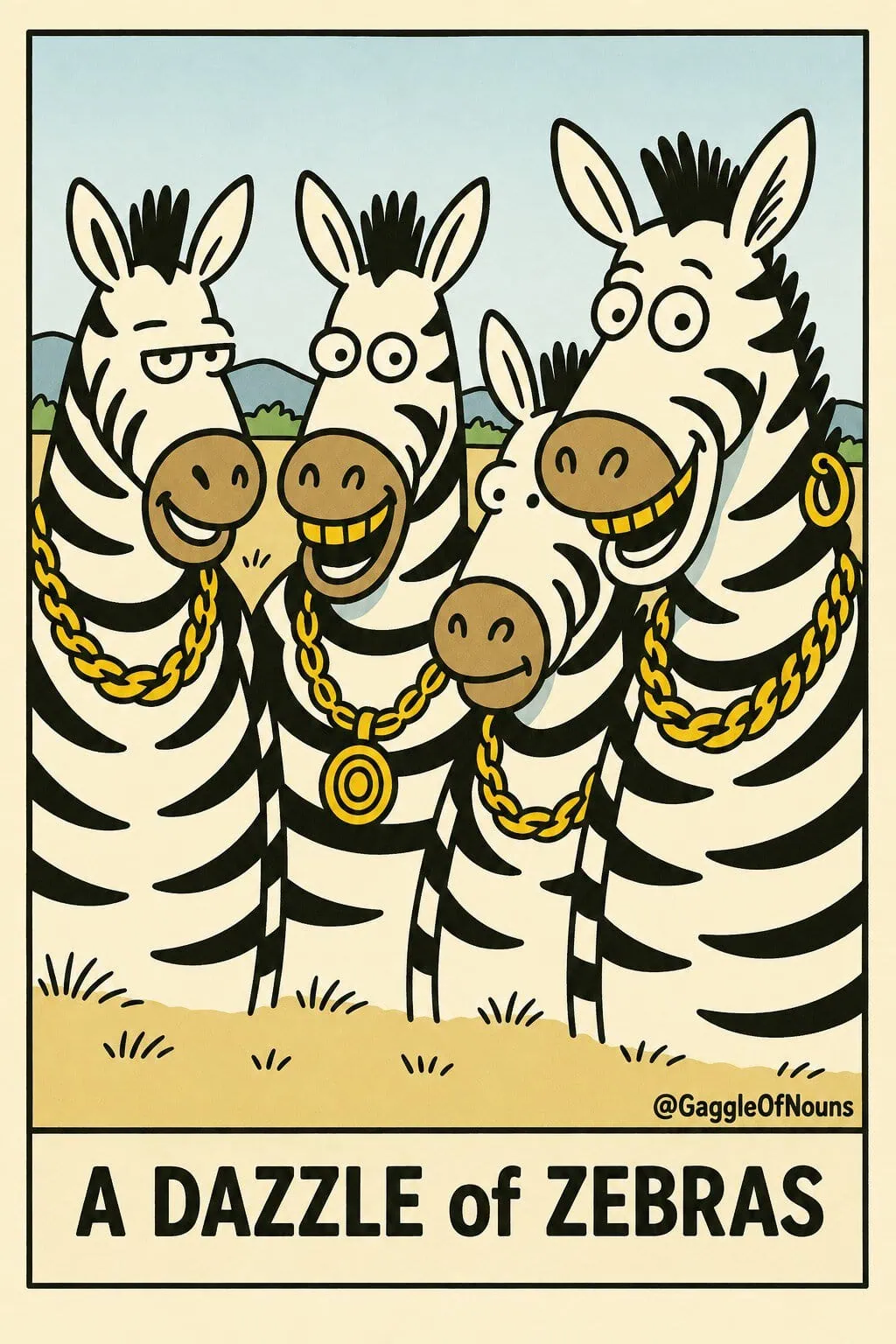 A dazzle of zebras wearing flashy gold chains, jewelry and gleaming gold teeth.