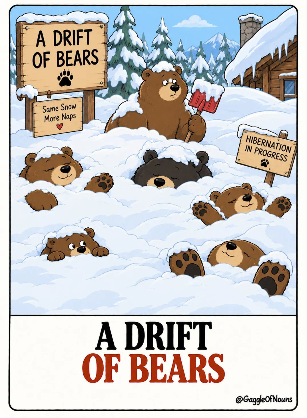 A cartoon drift of bears gathered together in a snowy winter landscape.
