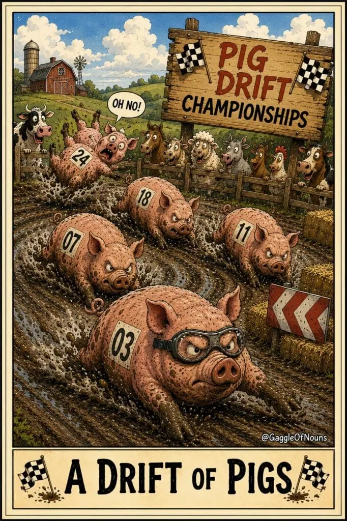 Cartoon illustration of pigs drifting like race cars through a muddy track during the Pig Drift Championships, representing a drift of pigs.