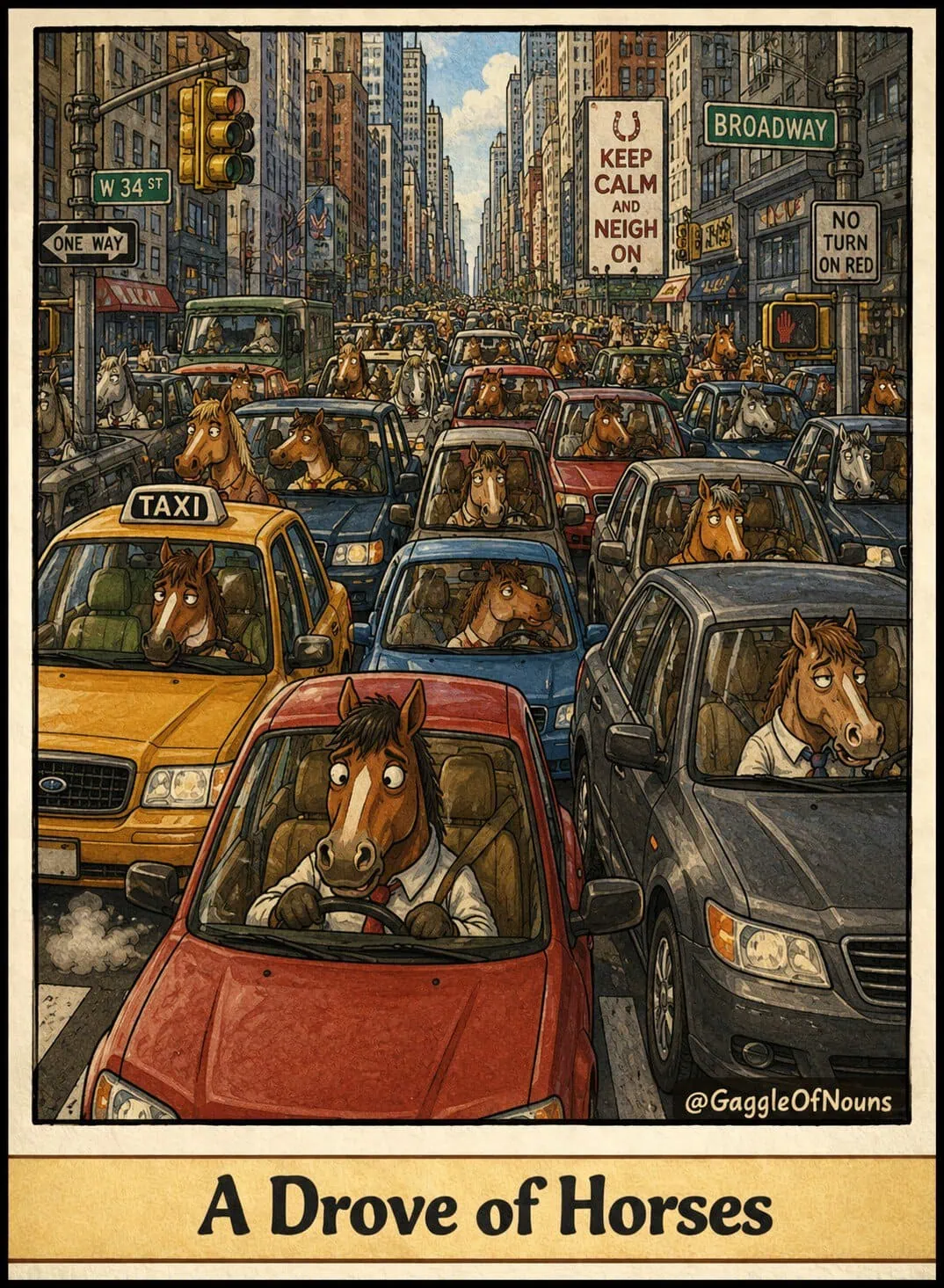 A drove of horses driving cars in a crowded New York City rush-hour traffic jam.
