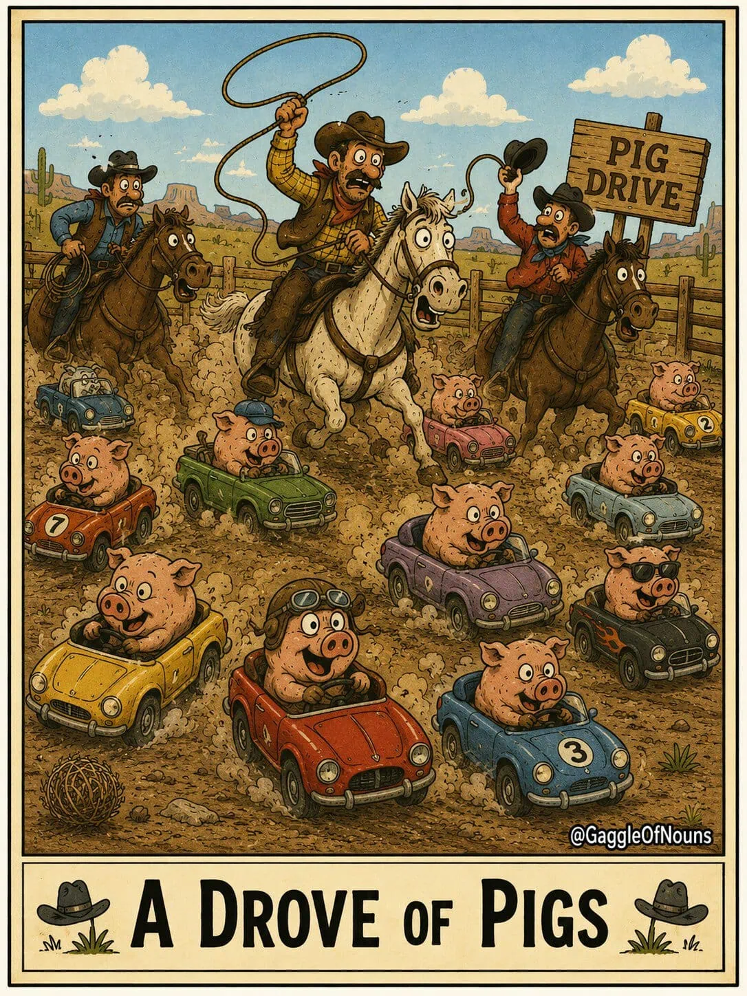 Cartoon illustration of cowboys attempting to herd pigs during a chaotic pig drive as pigs drive in every direction.