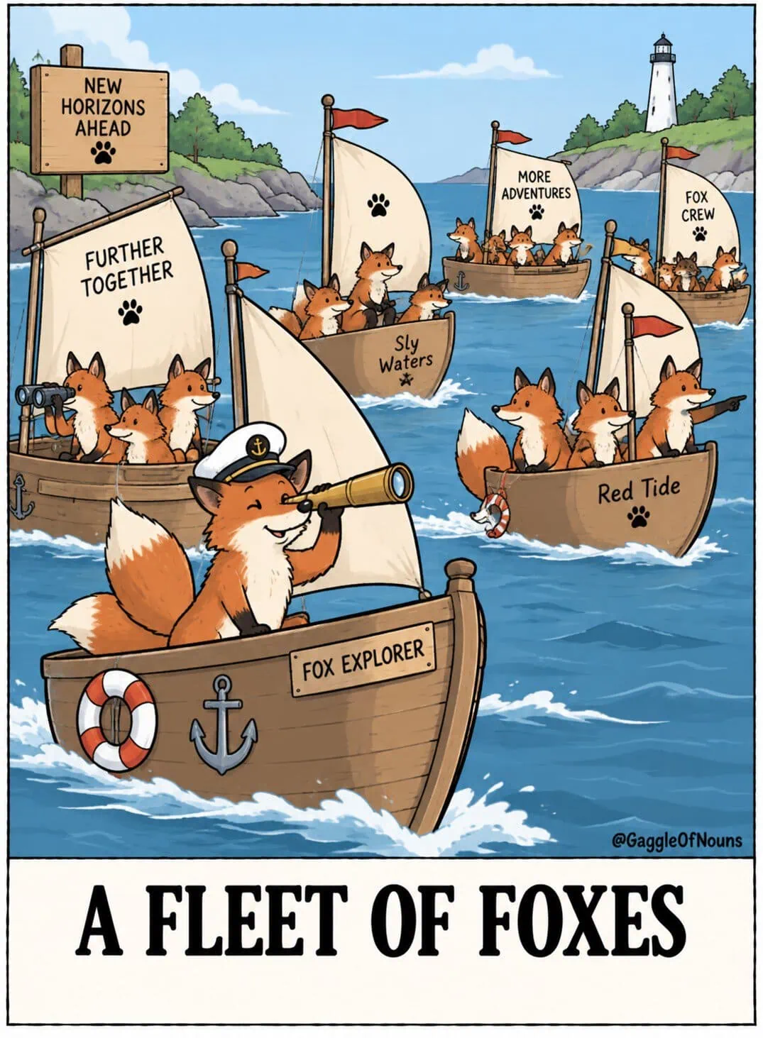 A Fleet of Foxes cartoon showing groups of foxes sailing a fleet of small boats across the water while a fox captain leads the way with a telescope.