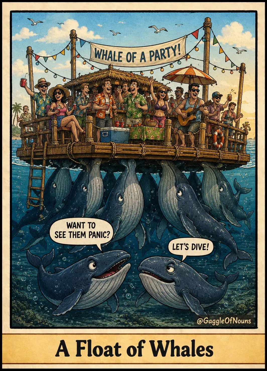 People partying on a raft held above the water by a float of whales.