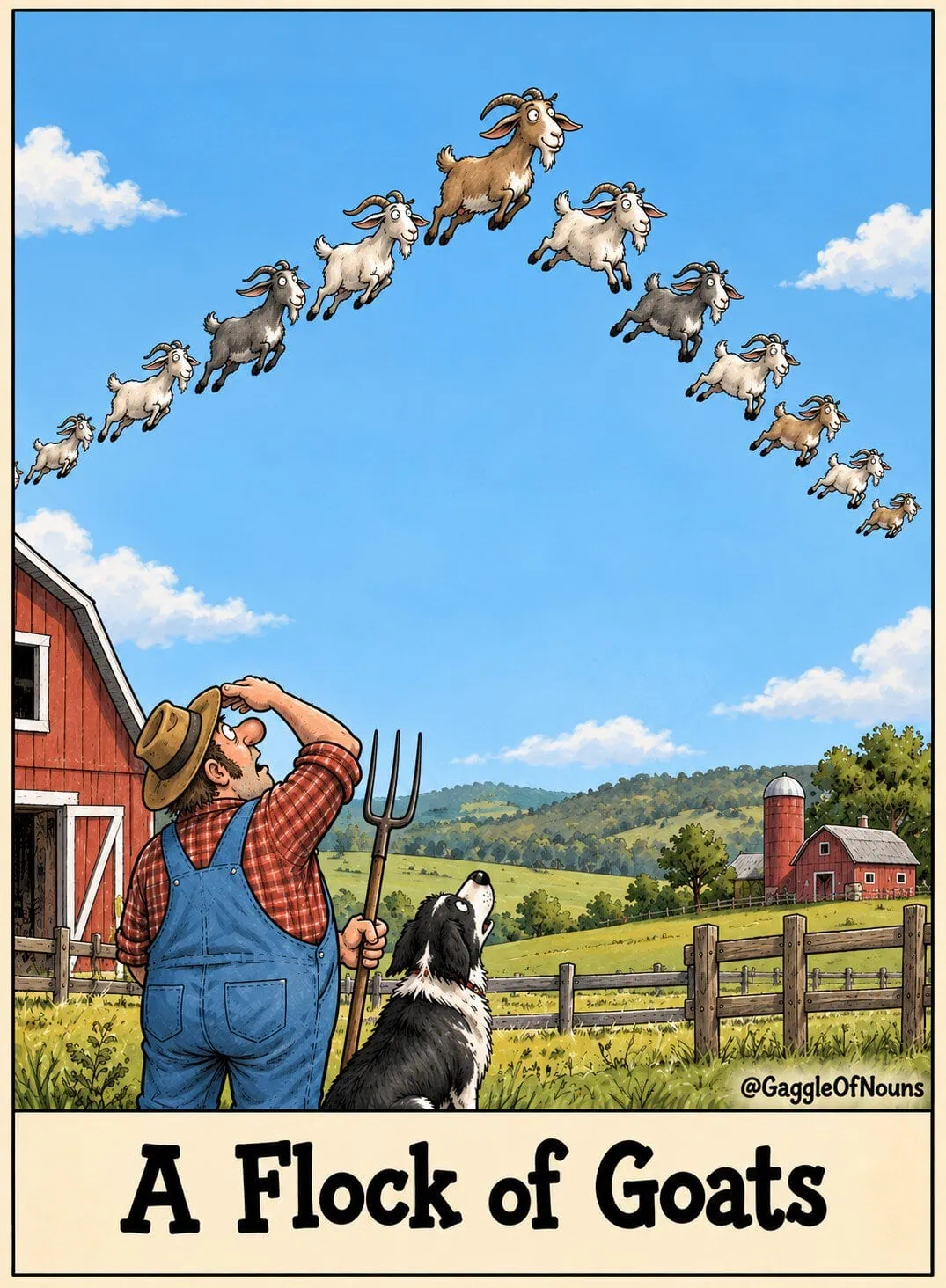 A flock of goats flying through the sky in a V formation while a farmer and dog watch from below.
