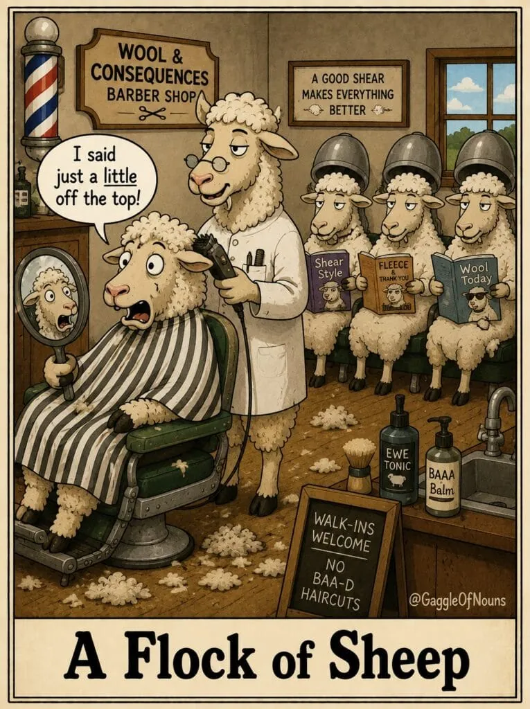 A flock of sheep waits in a barbershop while a sheep complains that the barber sheared off too much wool.