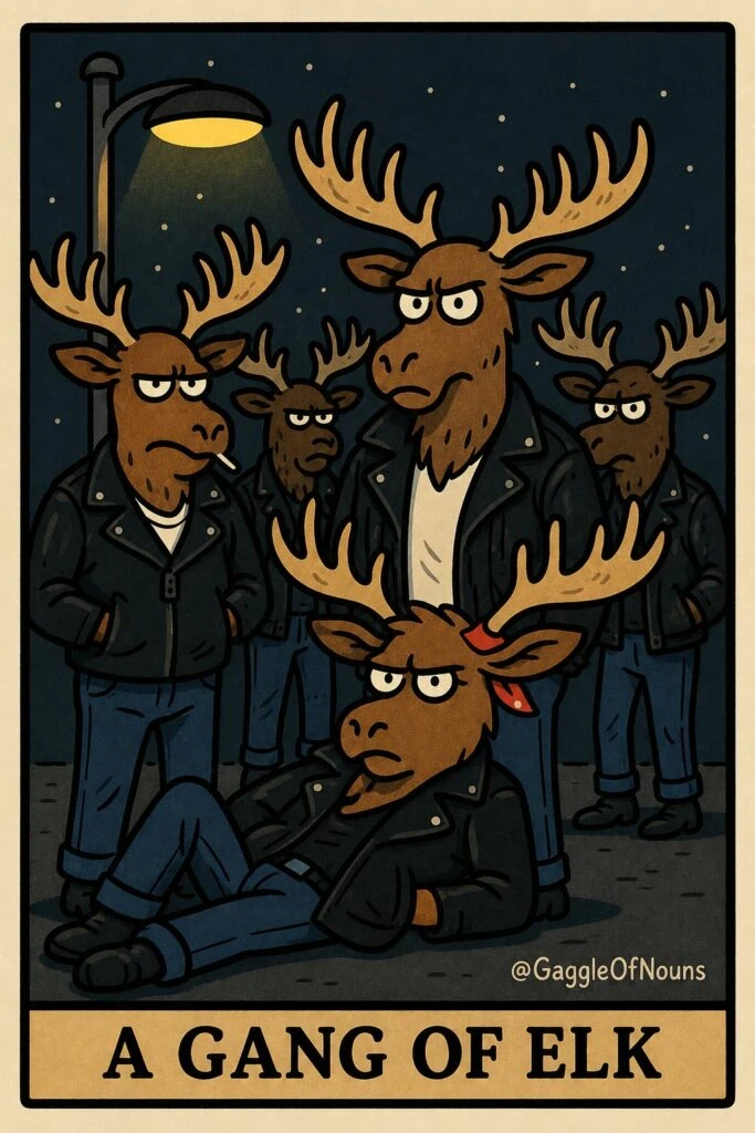A Gang of Elk cartoon showing tough-looking elk in leather jackets gathered under a streetlight at night.