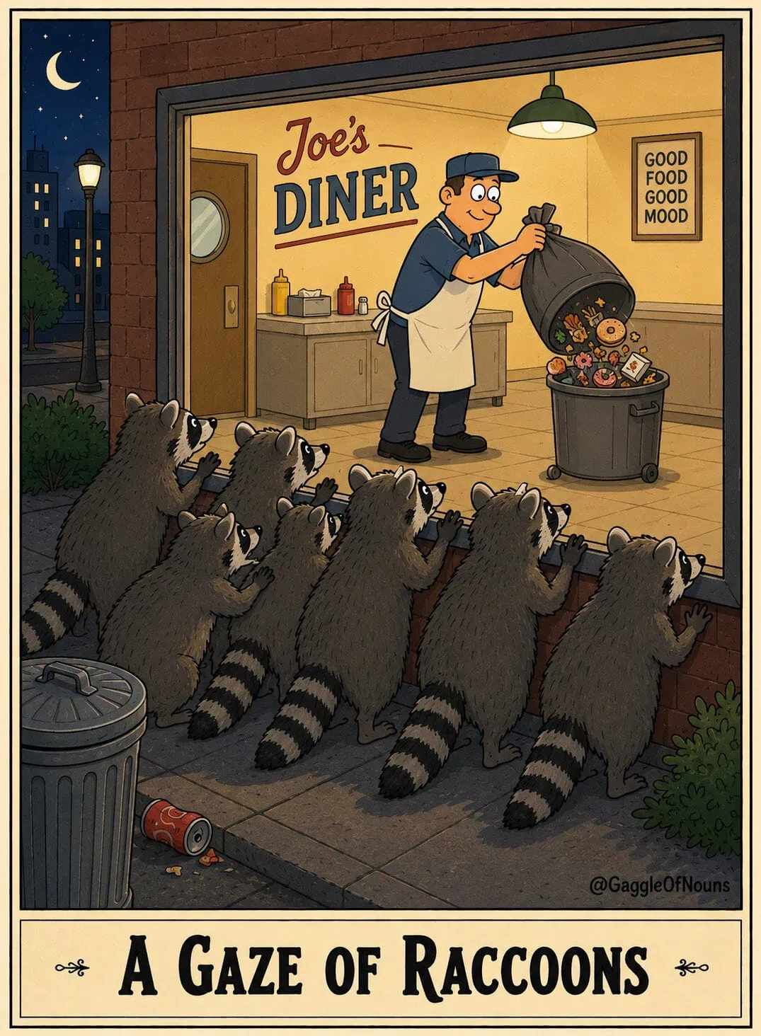 A gaze of raccoons cartoon showing raccoons staring through a diner window as an employee throws away food scraps.