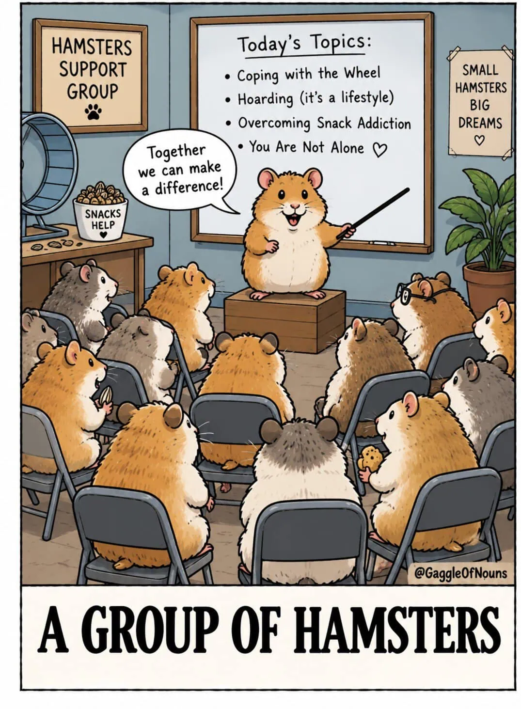 A Group of Hamsters cartoon showing hamsters attending a support group meeting while a hamster leader discusses coping with wheels, hoarding, and snack addiction.