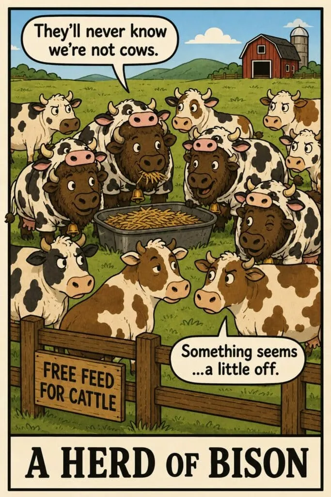 Bison disguised in cow costumes sneak into a cattle pasture to eat free food while suspicious cows watch.