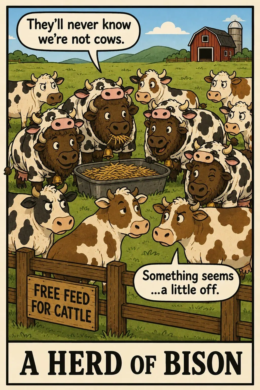 Bison disguised in cow costumes sneak into a cattle pasture to eat free food while suspicious cows watch.