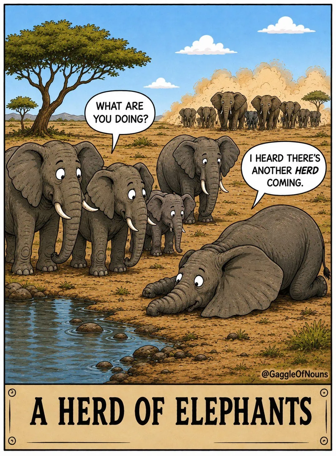 A Herd of Elephants cartoon showing an elephant listening to the ground as another herd approaches across the African savanna.