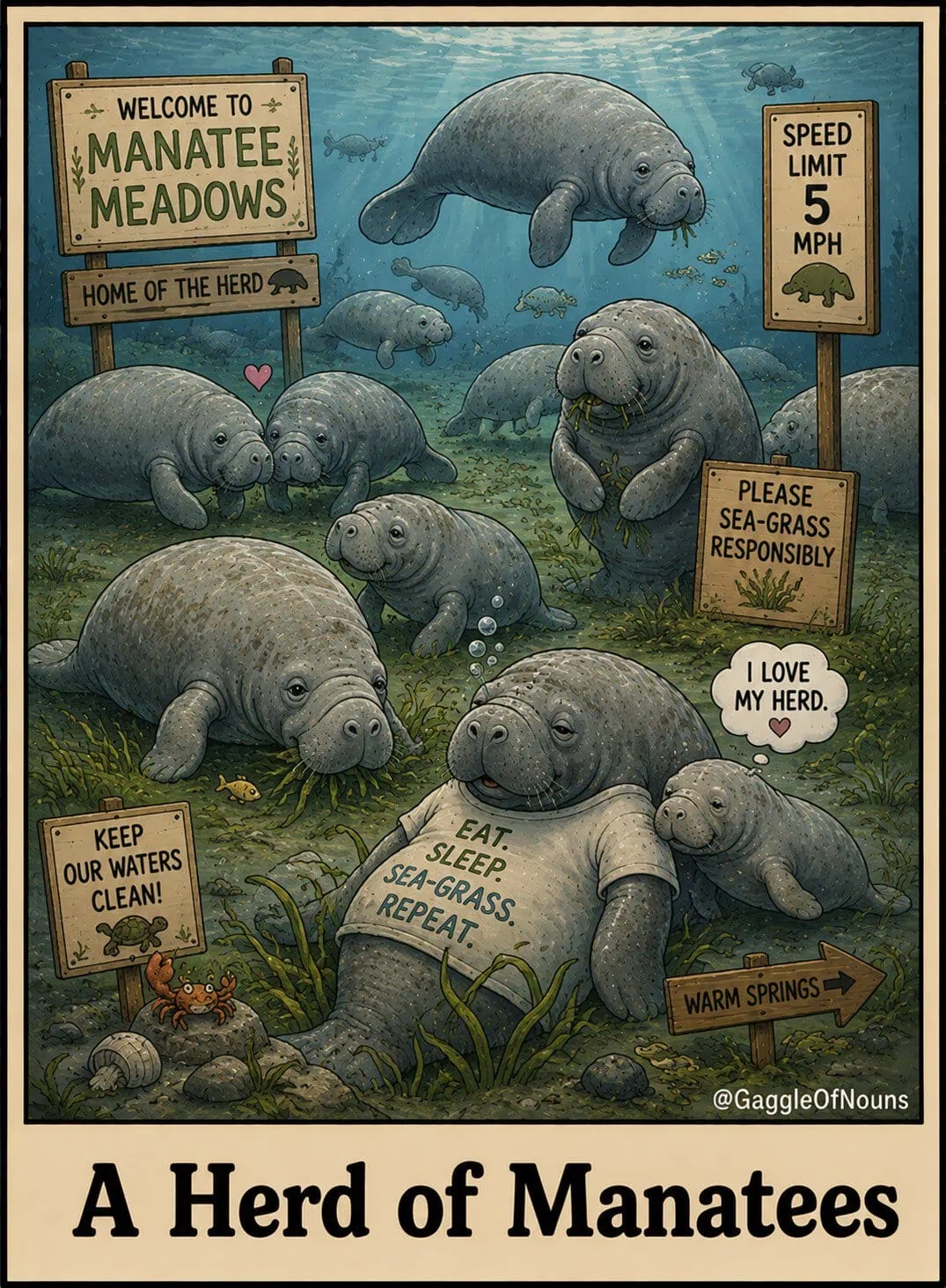 A herd of manatees relaxing and grazing on seagrass together in an underwater meadow.