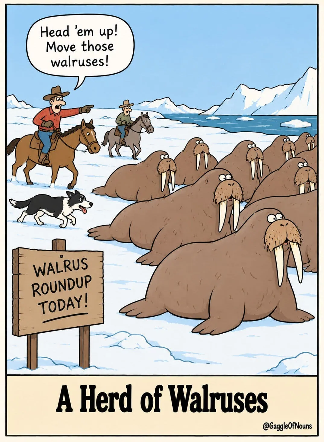 A herd of walruses being rounded up across Arctic ice by cowboys on horseback and a herding dog.