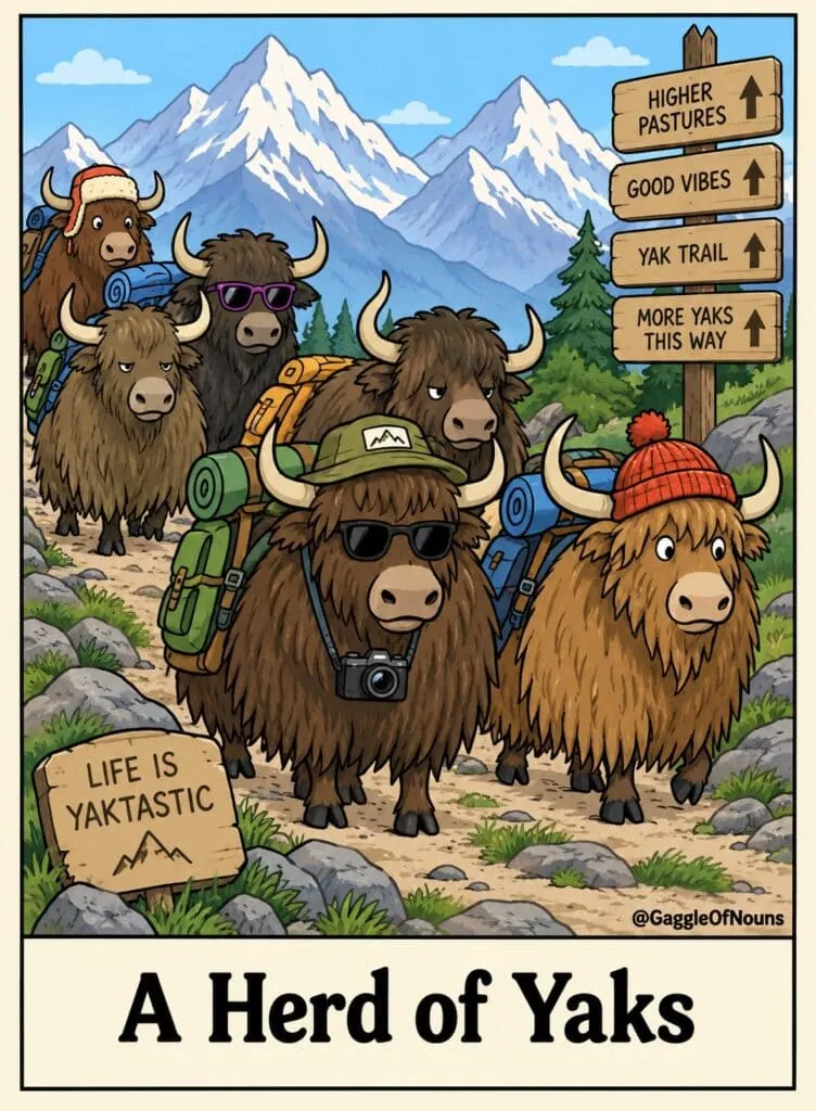 Cartoon of a herd of yaks hiking together through the mountains with backpacks and outdoor gear.