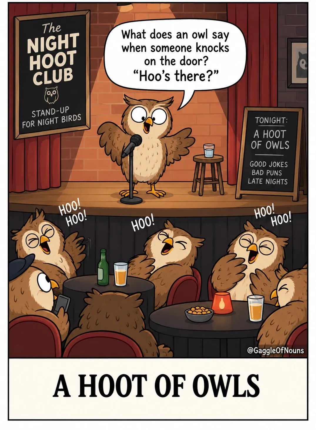 A Hoot of Owls cartoon showing an owl comedian performing stand-up comedy for a laughing audience of owls at the Night Hoot Club.