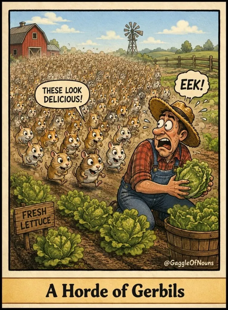 A horde of gerbils rushing toward a panicked farmer and his lettuce crop.