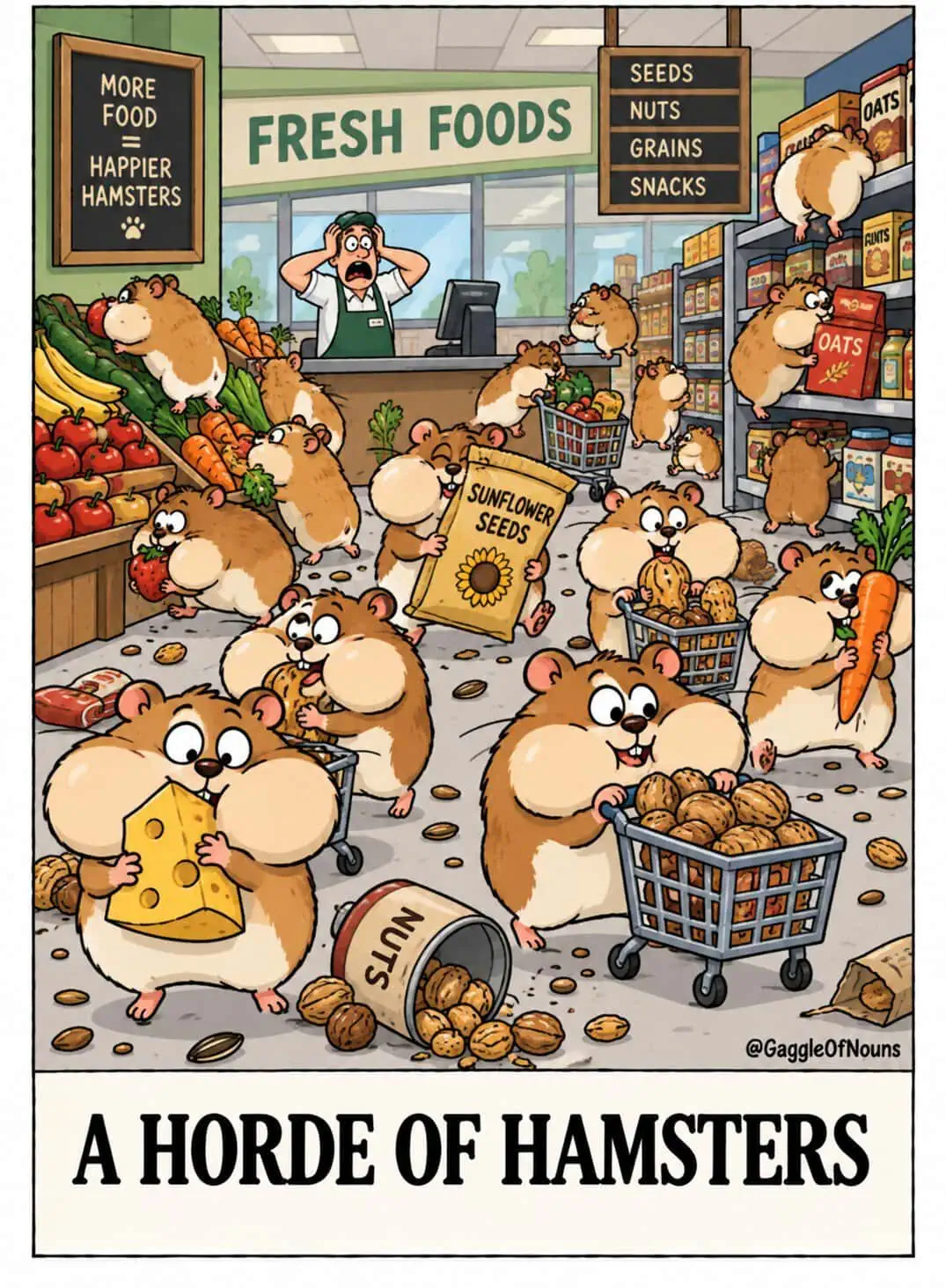 A Horde of Hamsters cartoon showing dozens of hamsters raiding a grocery store, filling carts with food and stuffing their enormous cheek pouches.